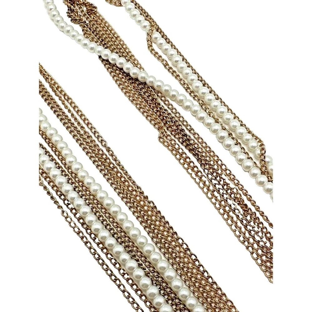 Vintage Multi Strand Statement Necklace Faux Pearl Gold Tone Chains Long 45